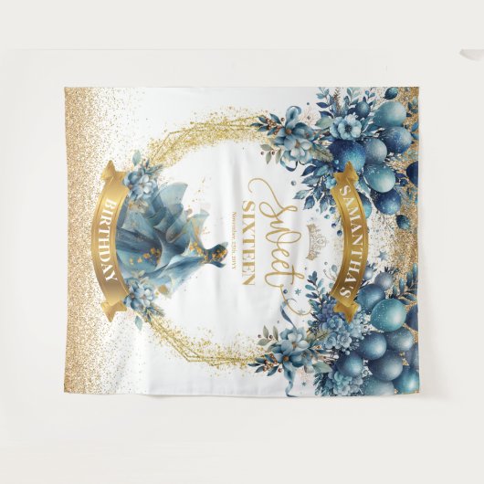 Waterverf Blue Dress Sweet 16 Gold Glitter Banner Wandkleed (Voorkant (horizontaal))