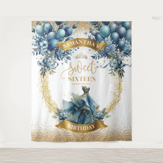 Waterverf Blue Dress Sweet 16 Gold Glitter Banner Wandkleed (Voorkant)