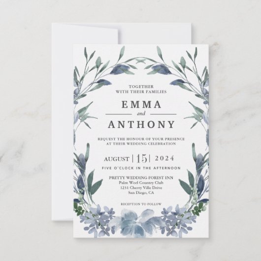 Waterverf Blue Elegant Floral Wedding Invitation Bedankkaart (Voorkant)