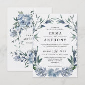 Waterverf Blue Elegant Floral Wedding Invitation Bedankkaart (Voorkant / Achterkant)