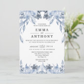 Waterverf Blue Elegant Floral Wedding Invitation Kaart (Staand voorkant)