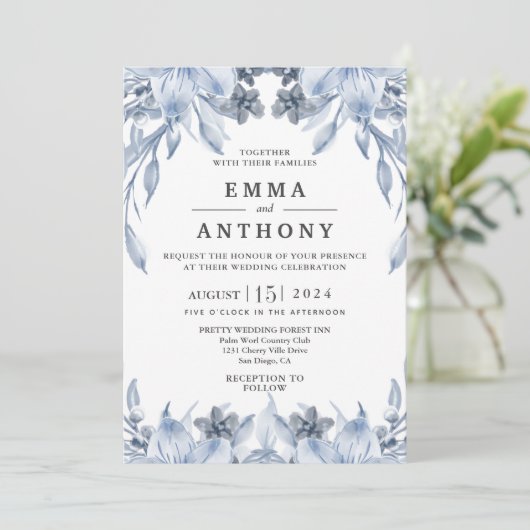 Waterverf Blue Elegant Floral Wedding Invitation Kaart (Staand voorkant)