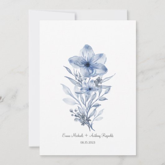 Waterverf Blue Elegant Floral Wedding Invitation Kaart (Achterkant)