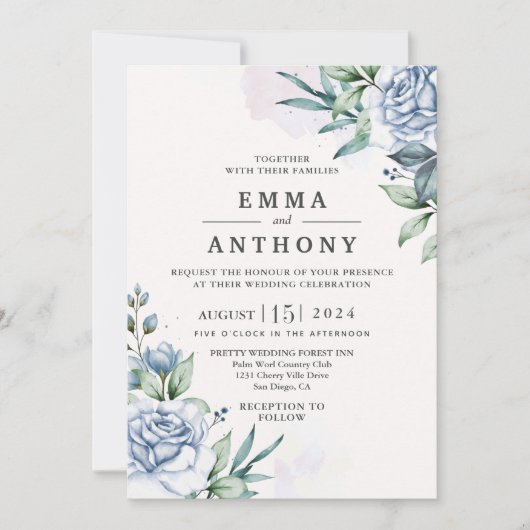 Waterverf Blue Elegant Floral Wedding Invitation Kaart (Voorkant)