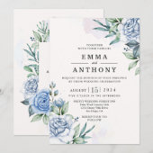 Waterverf Blue Elegant Floral Wedding Invitation Kaart (Voorkant / Achterkant)