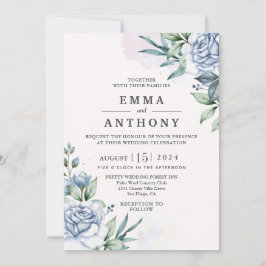 Waterverf Blue Elegant Floral Wedding Invitation Kaart