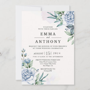 Waterverf Blue Elegant Floral Wedding Invitation Kaart