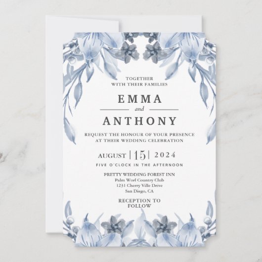 Waterverf Blue Elegant Floral Wedding Invitation Kaart (Voorkant)