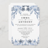 Waterverf Blue Elegant Floral Wedding Invitation Kaart (Voorkant / Achterkant)