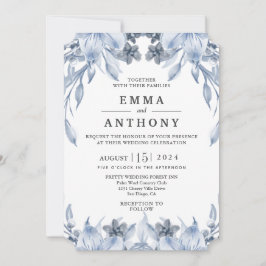 Waterverf Blue Elegant Floral Wedding Invitation Kaart
