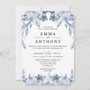Waterverf Blue Elegant Floral Wedding Invitation Kaart