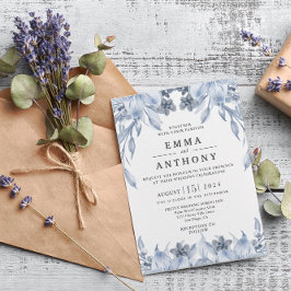 Waterverf Blue Elegant Floral Wedding Invitation Kaart