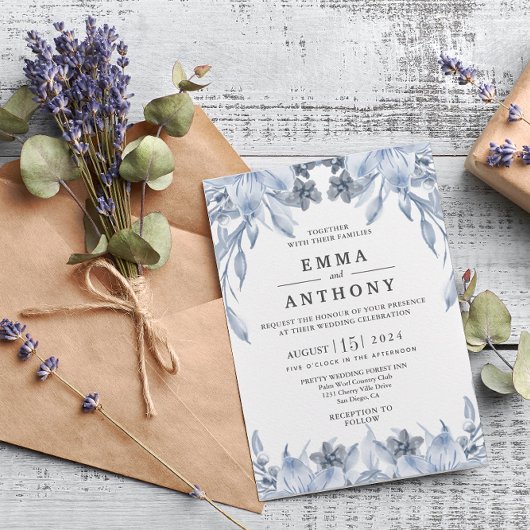 Waterverf Blue Elegant Floral Wedding Invitation Kaart