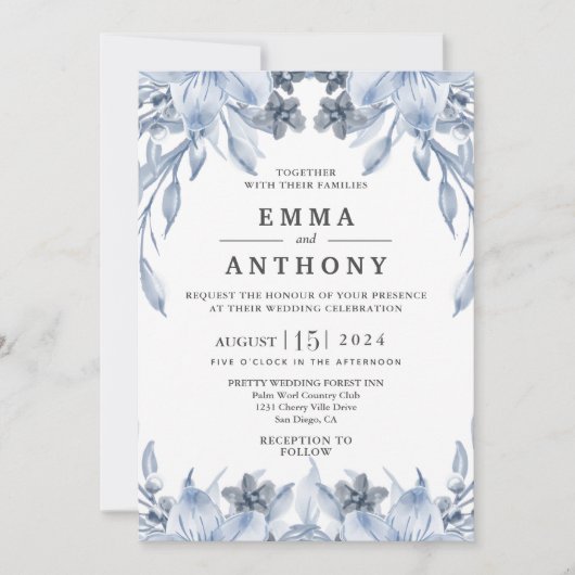 Waterverf Blue Elegant Floral Wedding Invitation Save The Date (Voorkant)