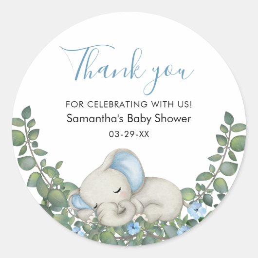 Waterverf Blue Elephant Baby shower Dank u Ronde Sticker (Voorkant)