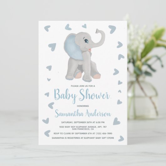 Waterverf Blue Elephant Boy Baby shower Foto Kaart (Staand voorkant)