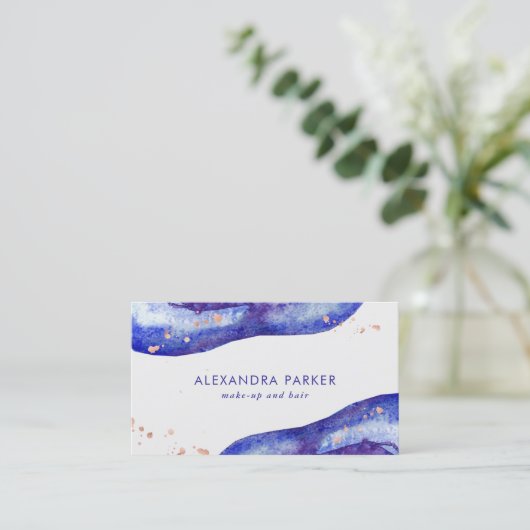 Waterverf Blue en Faux Roos Gold Geode Visitekaartje (Staand voorkant)