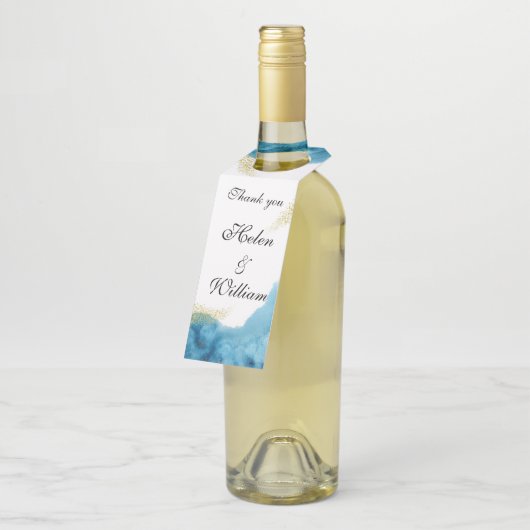 Waterverf Blue en Gold 50th Wedding Jubileum Flessenhanger (Schuin)