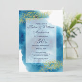 Waterverf Blue en Gold 50th Wedding Jubileum Kaart (Staand voorkant)