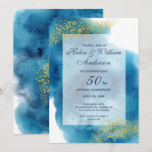Waterverf Blue en Gold 50th Wedding Jubileum Kaart (Voorkant / Achterkant)