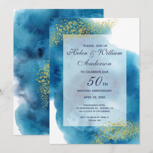 Waterverf Blue en Gold 50th Wedding Jubileum Kaart (Voorkant / Achterkant)