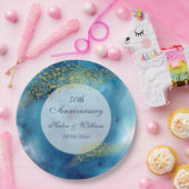 Waterverf Blue en Gold 50th Wedding Jubileum Papieren Bordje (Feest)