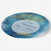 Waterverf Blue en Gold 50th Wedding Jubileum Papieren Bordje (Gekanteld)