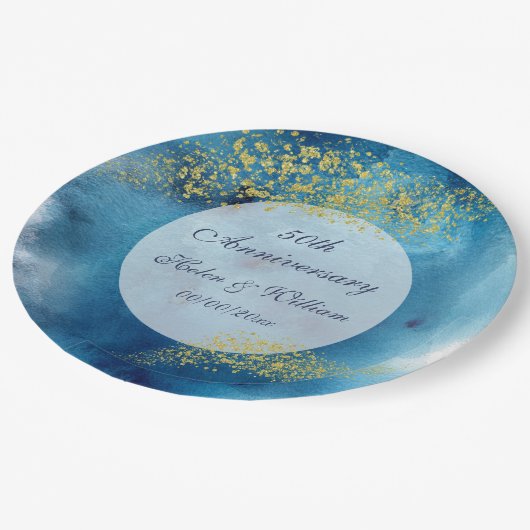 Waterverf Blue en Gold 50th Wedding Jubileum Papieren Bordje (Gekanteld)