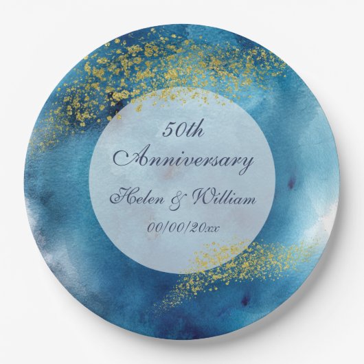 Waterverf Blue en Gold 50th Wedding Jubileum Papieren Bordje (Voorkant)