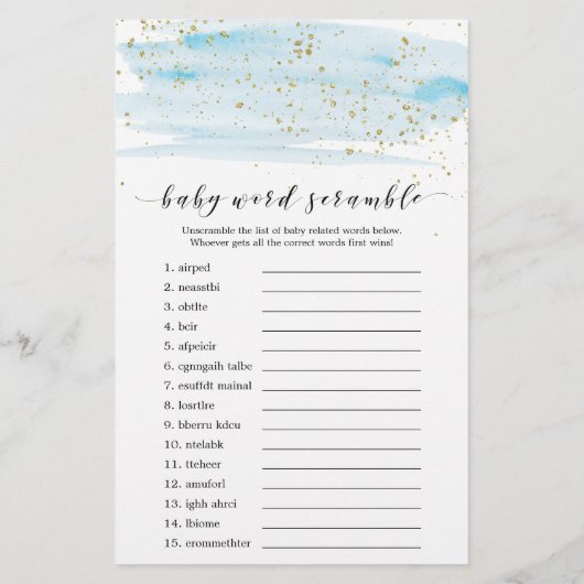 Waterverf Blue en Gold Baby Word Scramble Game (Achterkant)