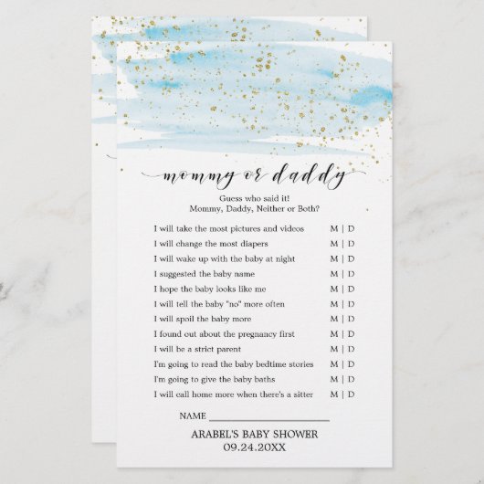 Waterverf Blue en Gold Baby Word Scramble Game (Voorkant / Achterkant)