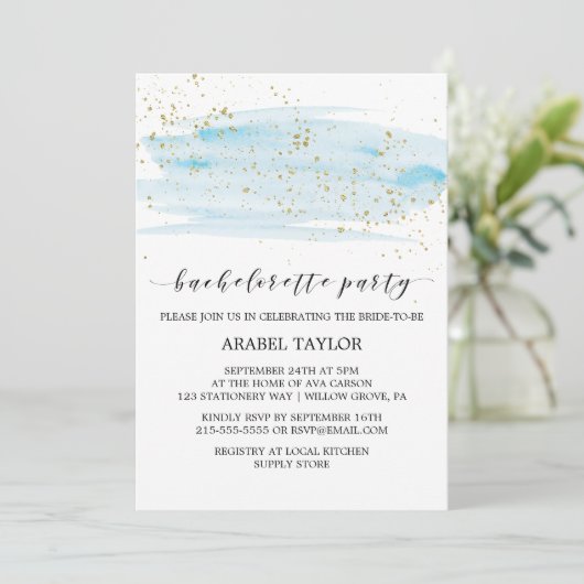 Waterverf Blue en Gold Bachelorette Party Kaart (Staand voorkant)