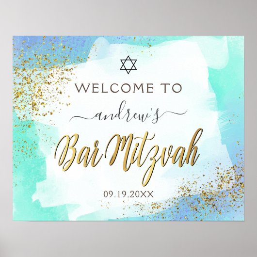 Waterverf Blue en Gold Bar Mitzvah Welkom Poster (Voorkant)
