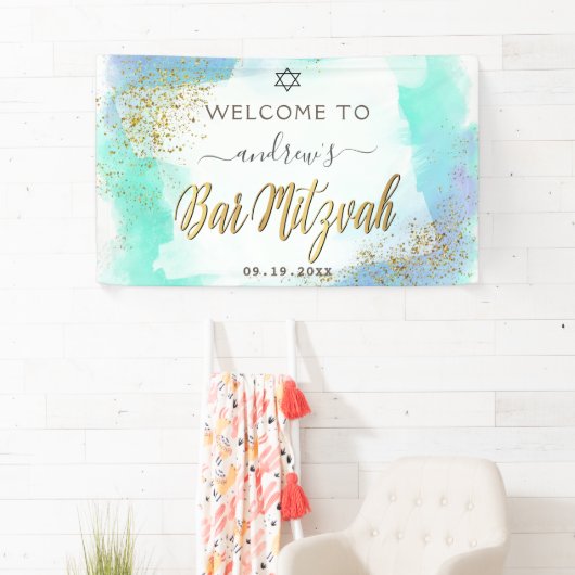 Waterverf Blue en Gold Bar Mitzvah Welkom Spandoek (Insitu)