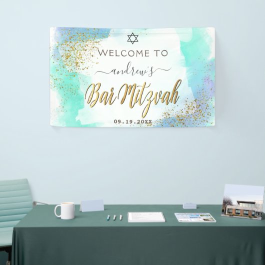 Waterverf Blue en Gold Bar Mitzvah Welkom Spandoek (Beurs)