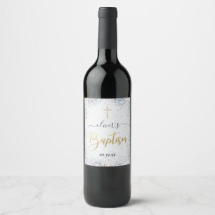 Waterverf Blue en Gold Boy Baptisme Wine Label Wijn Etiket