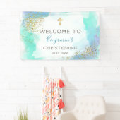 Waterverf Blue en Gold Christening Welkom  Spandoek (Insitu)