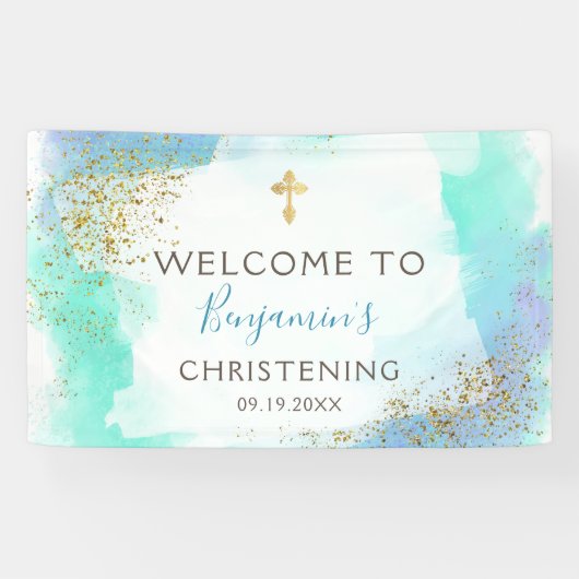 Waterverf Blue en Gold Christening Welkom  Spandoek (Horizontaal)
