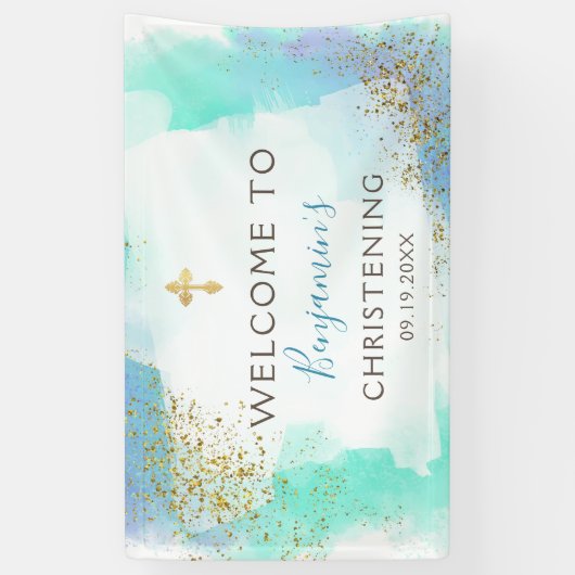 Waterverf Blue en Gold Christening Welkom  Spandoek (Verticaal)