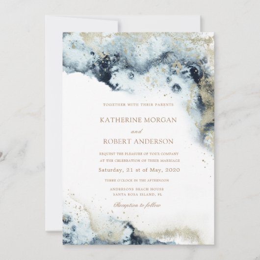 Waterverf Blue en Gold Minimalistic Wedding Kaart (Voorkant)