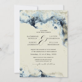 Waterverf Blue en Gold Minimalistic Wedding Kaart