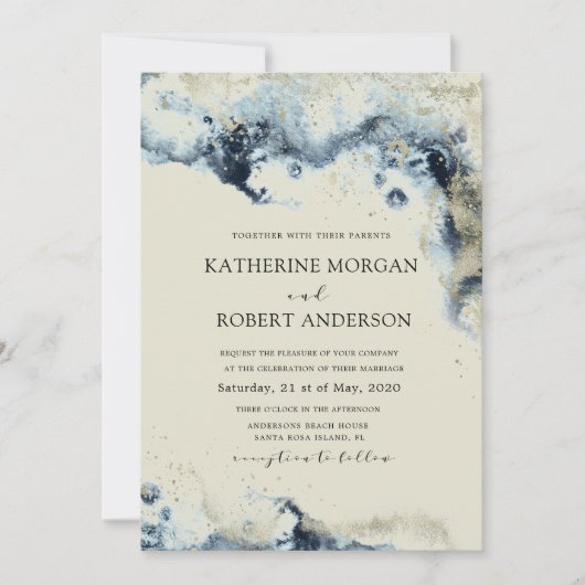 Waterverf Blue en Gold Minimalistic Wedding Kaart (Voorkant)