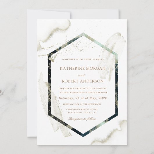 Waterverf Blue en Gold Minimalistic Wedding Kaart (Voorkant)