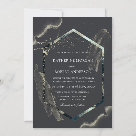 Waterverf Blue en Gold Minimalistic Wedding Kaart (Voorkant)