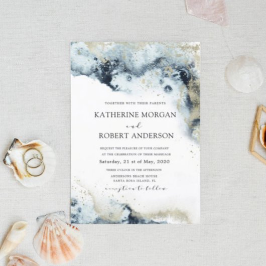 Waterverf Blue en Gold Minimalistic Wedding Kaart