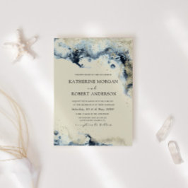 Waterverf Blue en Gold Minimalistic Wedding Kaart