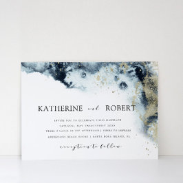 Waterverf Blue en Gold Minimalistic Wedding Kaart