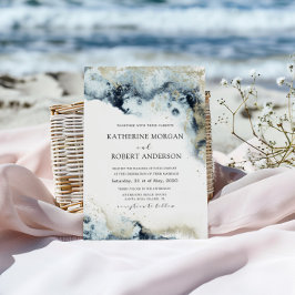 Waterverf Blue en Gold Minimalistic Wedding Kaart