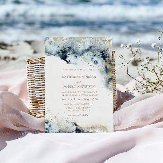 Waterverf Blue en Gold Minimalistic Wedding Kaart