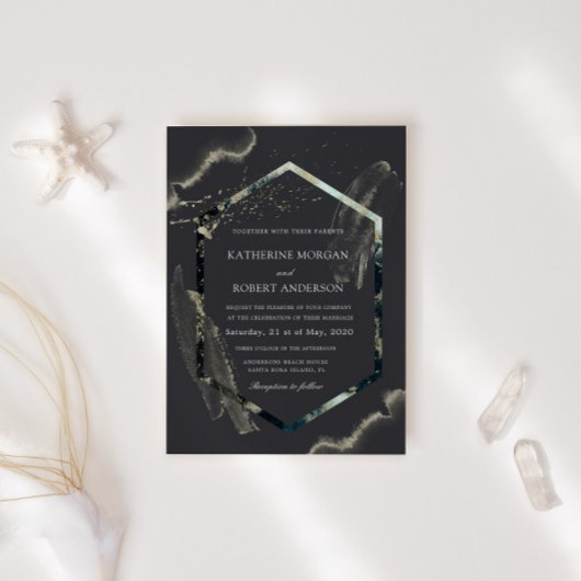 Waterverf Blue en Gold Minimalistic Wedding Kaart